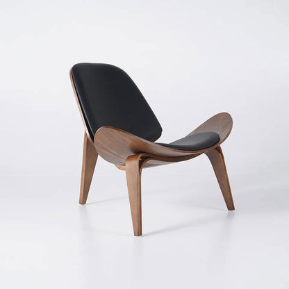 Modern Tripod Black Leather Shell Lounge Chair with Single Side in Walnut - 