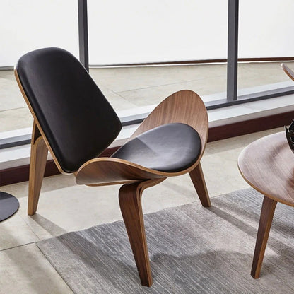Modern Tripod Black Leather Shell Lounge Chair with Single Side in Walnut - 