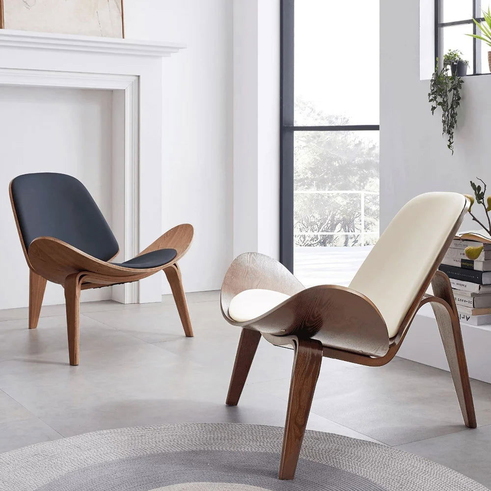 Modern Tripod Black Leather Shell Lounge Chair with Single Side in Walnut - 