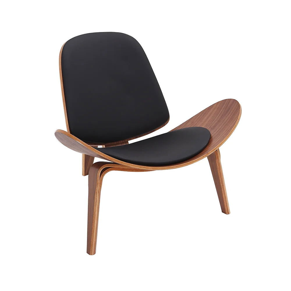 Modern Tripod Black Leather Shell Lounge Chair with Single Side in Walnut - 