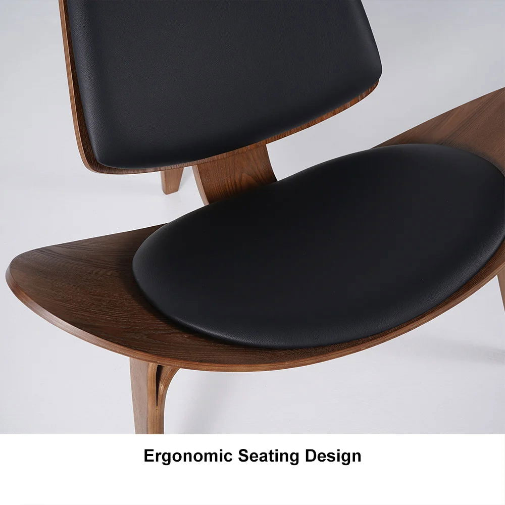 Modern Tripod Black Leather Shell Lounge Chair with Single Side in Walnut - 