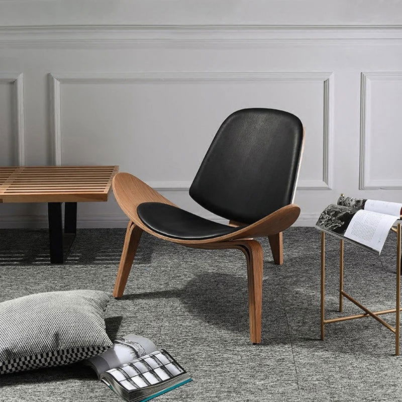 Modern Tripod Black Leather Shell Lounge Chair with Single Side in Walnut - Homary