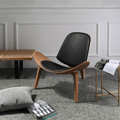 Modern Tripod Black Leather Shell Lounge Chair with Single Side in Walnut - Homary