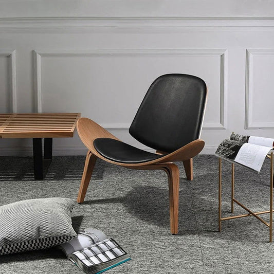 Modern Tripod Black Leather Shell Lounge Chair with Single Side in Walnut - Homary