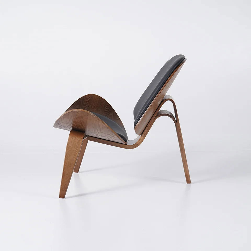 Modern Tripod Black Leather Shell Lounge Chair with Single Side in Walnut - Homary