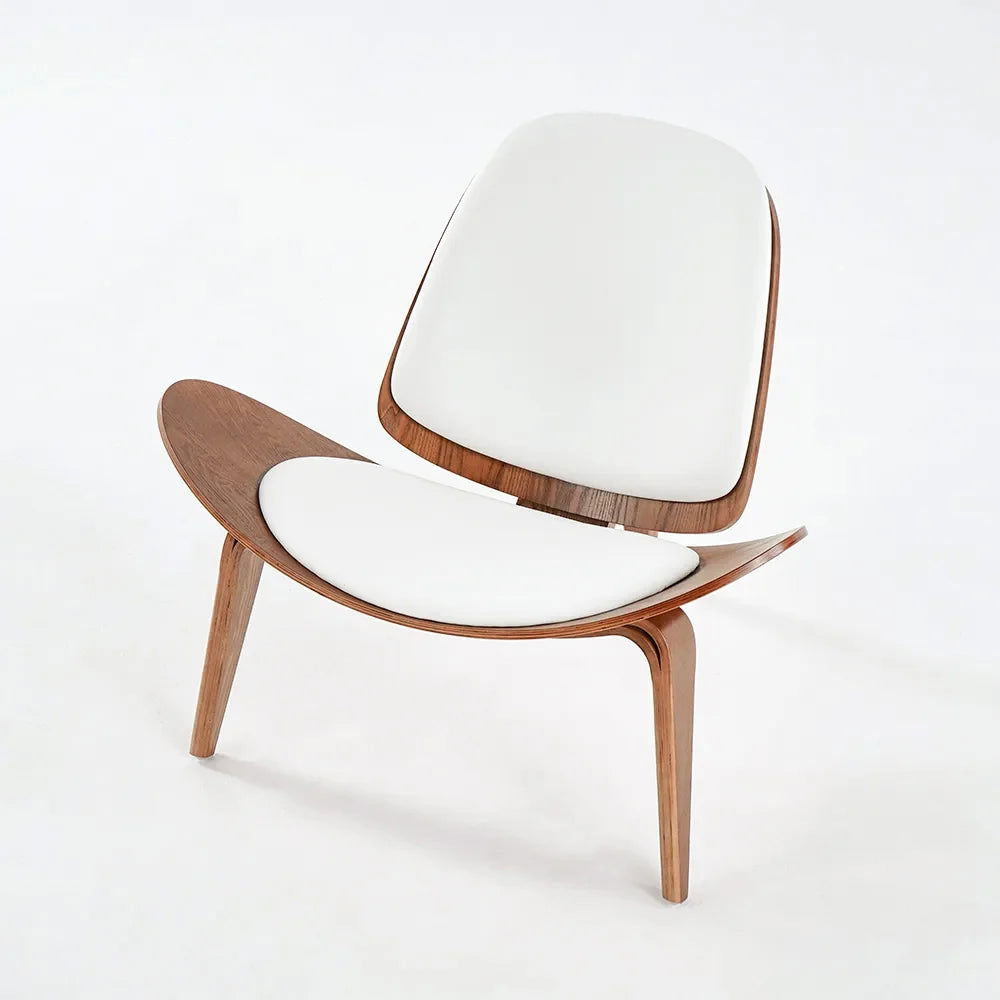 Modern Tripod White Leather Lounge Chair with Single Side in Walnut - 