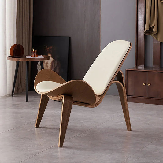 Modern Tripod White Leather Lounge Chair with Single Side in Walnut - Homary