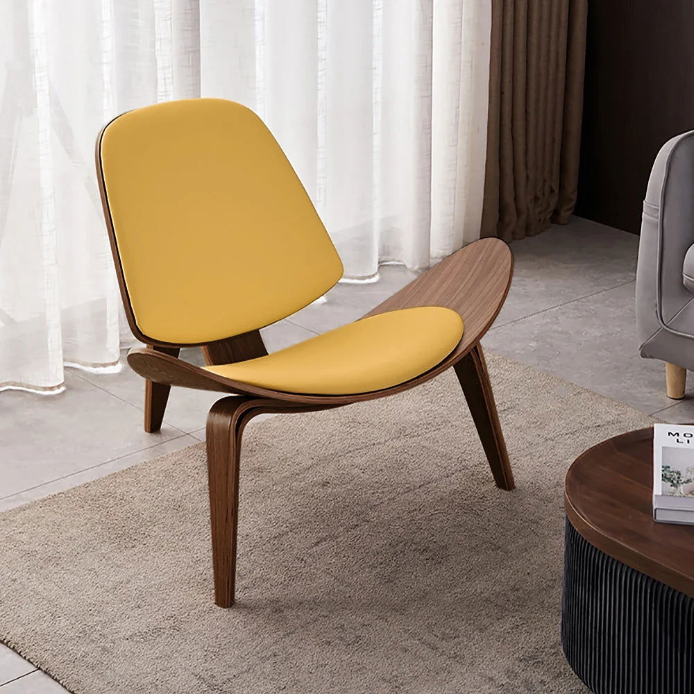 Modern Tripod Yellow Leather Lounge Chair with Single Side in Walnut - 