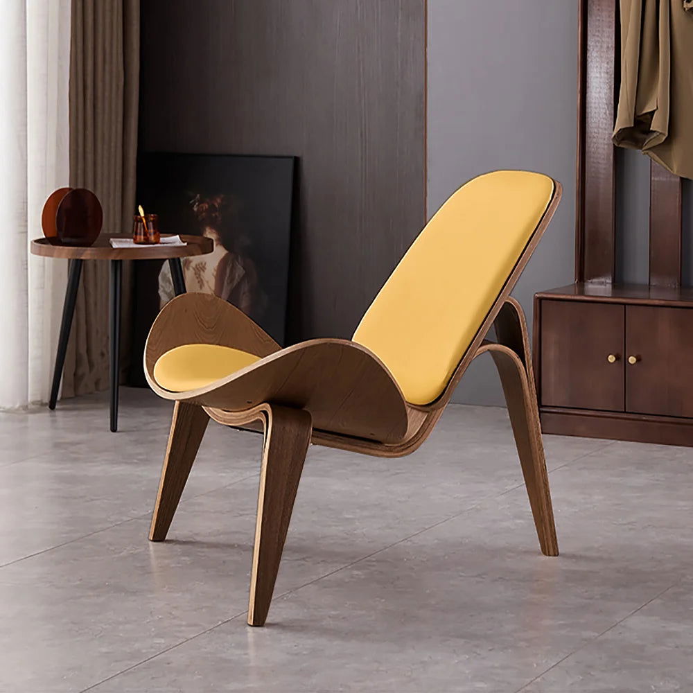 Modern Tripod Yellow Leather Lounge Chair with Single Side in Walnut - Homary