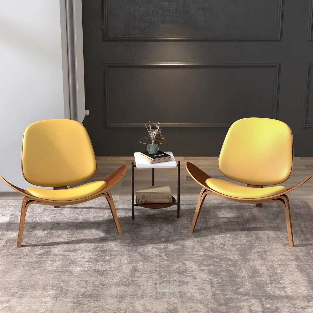 Modern Tripod Yellow Leather Lounge Chair with Single Side in Walnut - Homary