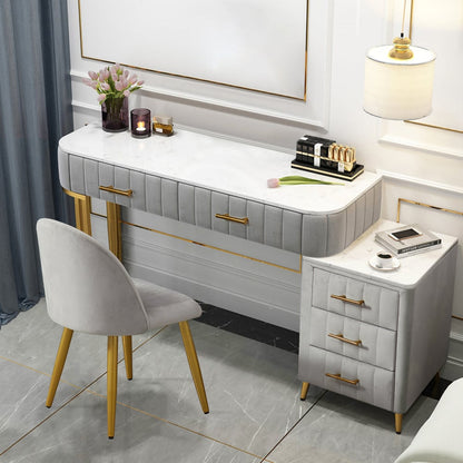 Modern Velvet Upholstered Makeup Vanity Expandable Dressing Table with Cabinet & Chair - 