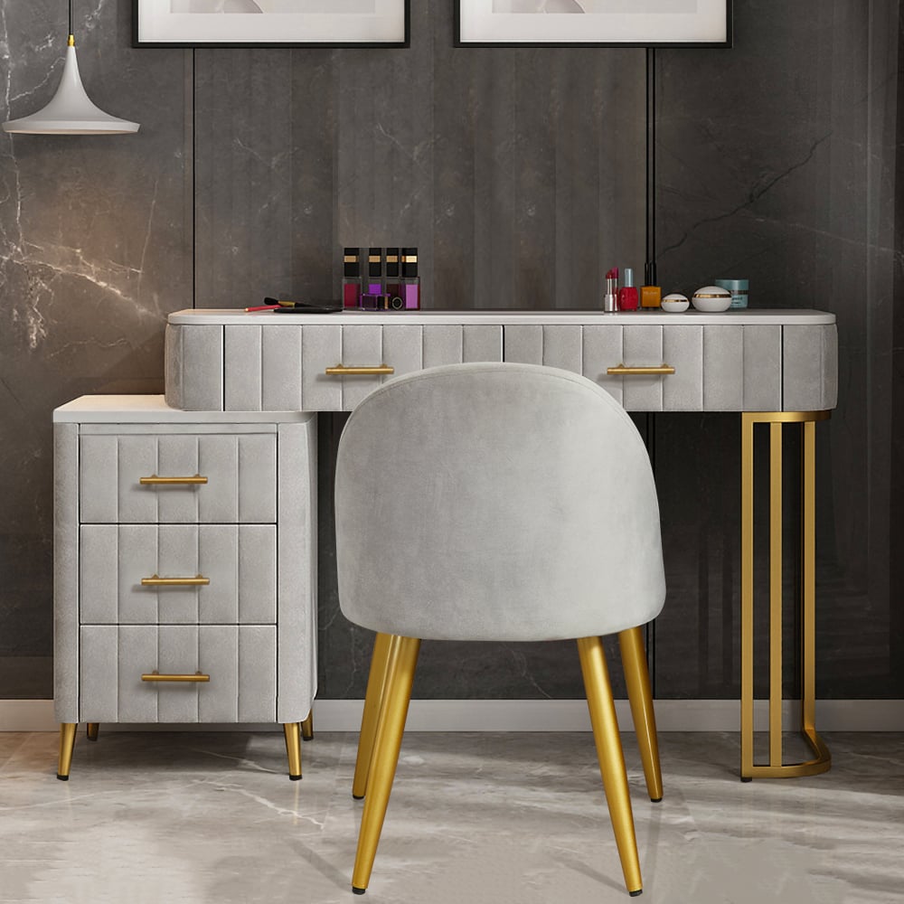 Modern Velvet Upholstered Makeup Vanity Expandable Dressing Table with Cabinet & Chair - 