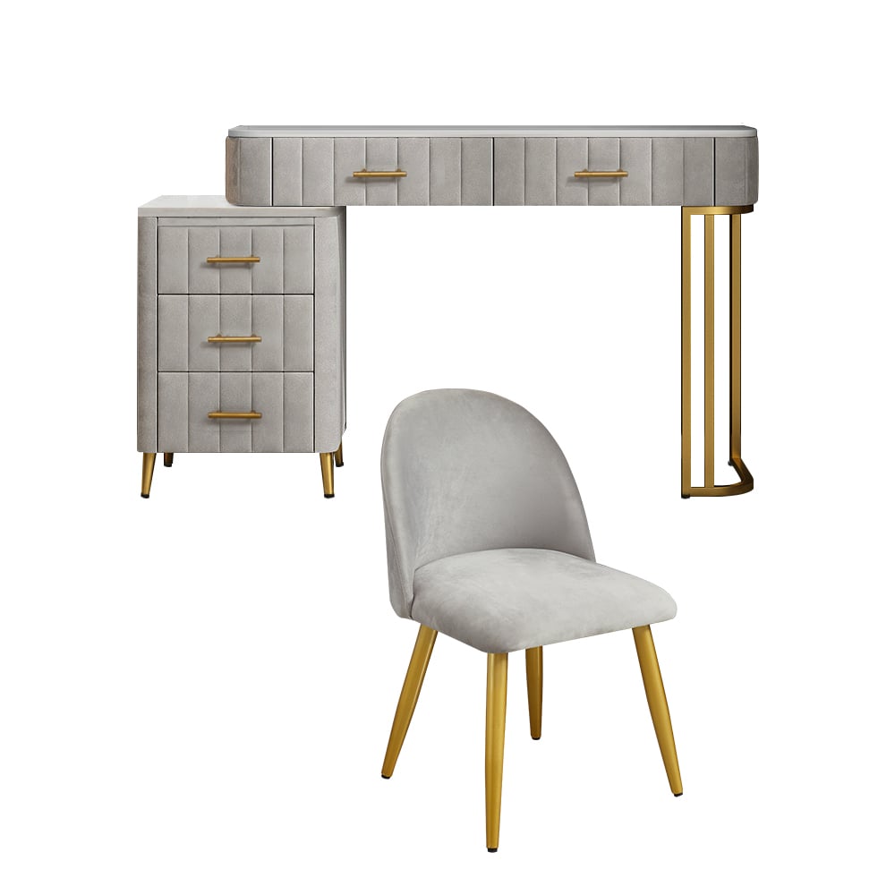 Modern Velvet Upholstered Makeup Vanity Expandable Dressing Table with Cabinet & Chair - 