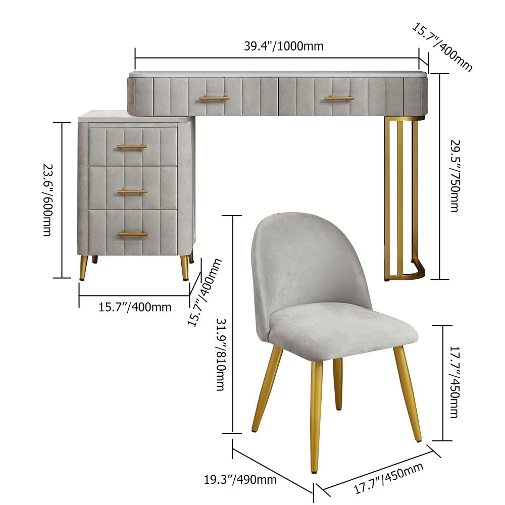 Modern Velvet Upholstered Makeup Vanity Expandable Dressing Table with Cabinet & Chair - 
