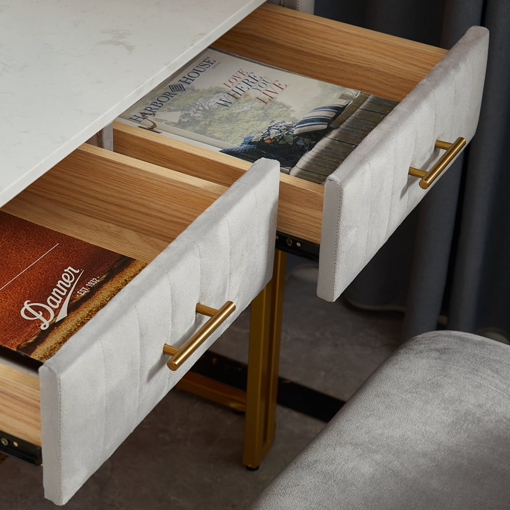 Modern Velvet Upholstered Makeup Vanity Expandable Dressing Table with Cabinet & Chair - 