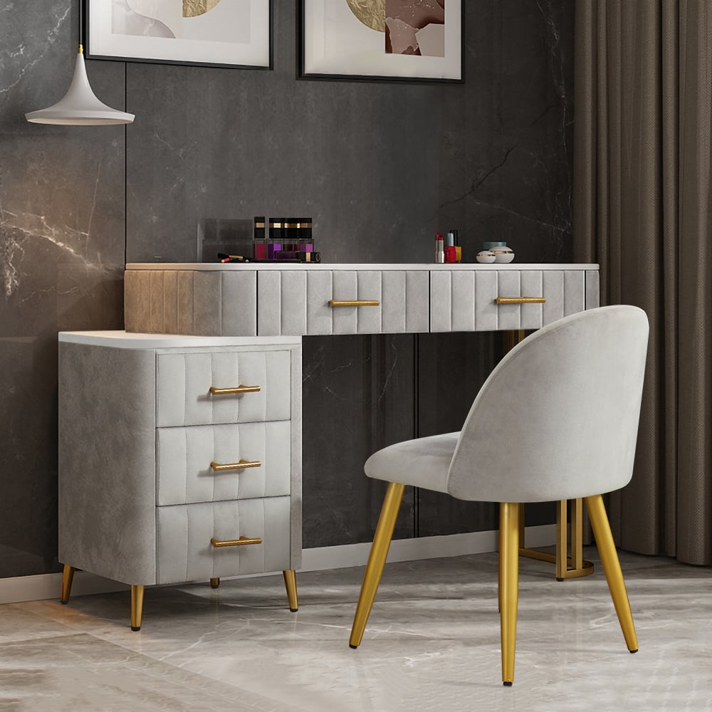 Modern Velvet Upholstered Makeup Vanity Expandable Dressing Table with Cabinet & Chair - Homary
