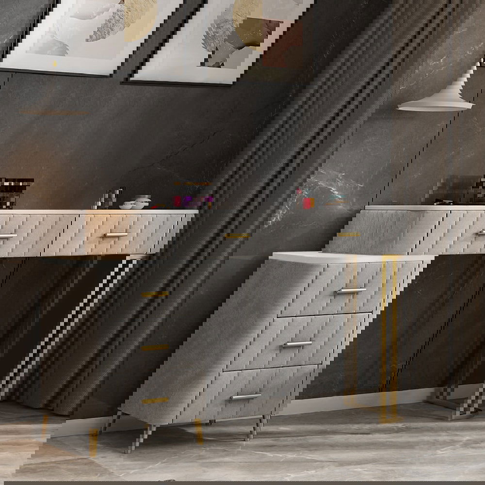 Modern Velvet Upholstered Makeup Vanity Table Expandable Dressing Table with Cabinet - 