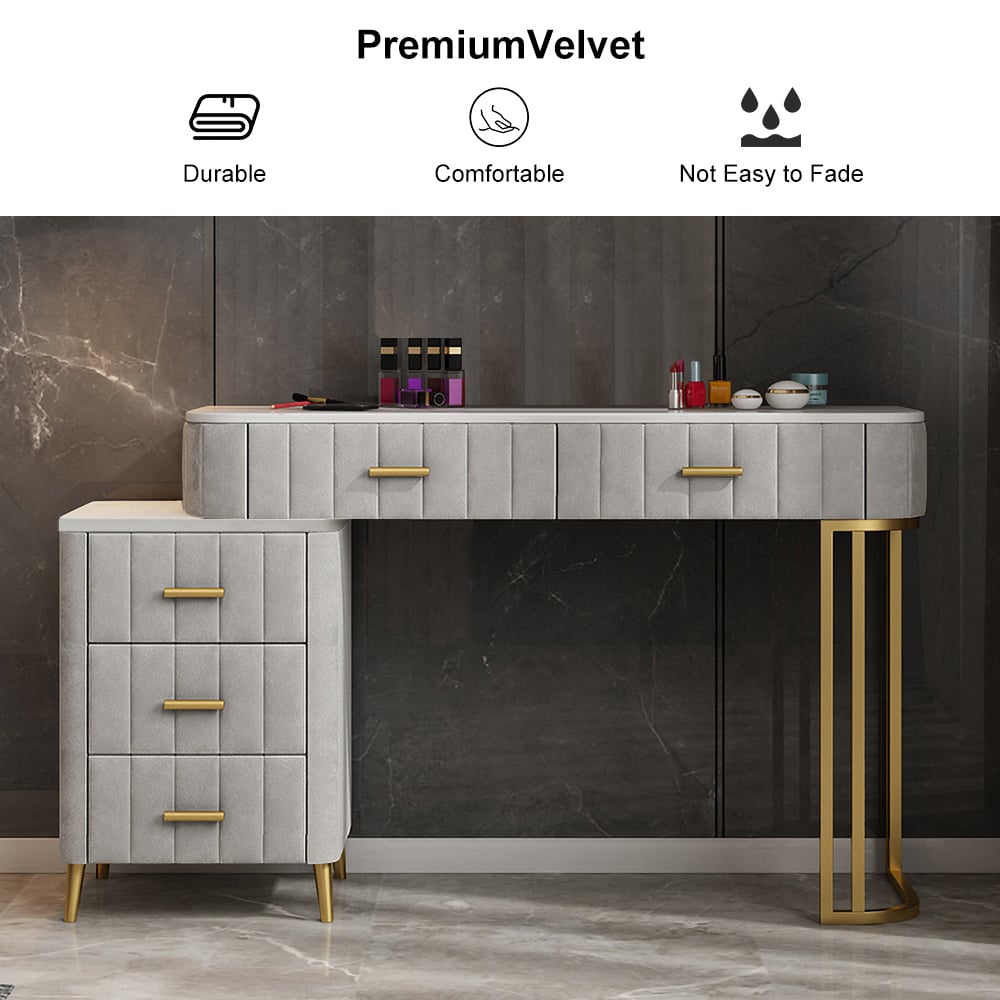 Modern Velvet Upholstered Makeup Vanity Table Expandable Dressing Table with Cabinet - 