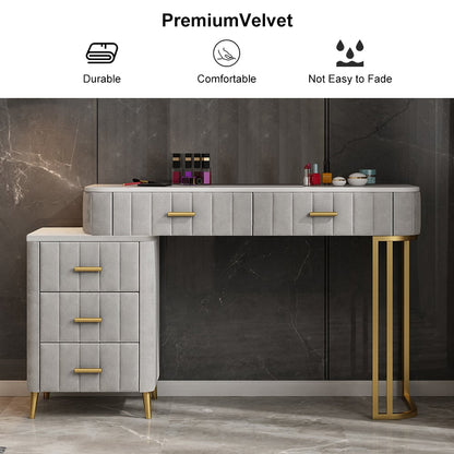Modern Velvet Upholstered Makeup Vanity Table Expandable Dressing Table with Cabinet - 