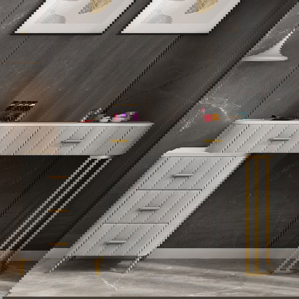 Modern Velvet Upholstered Makeup Vanity Table Expandable Dressing Table with Cabinet - Homary