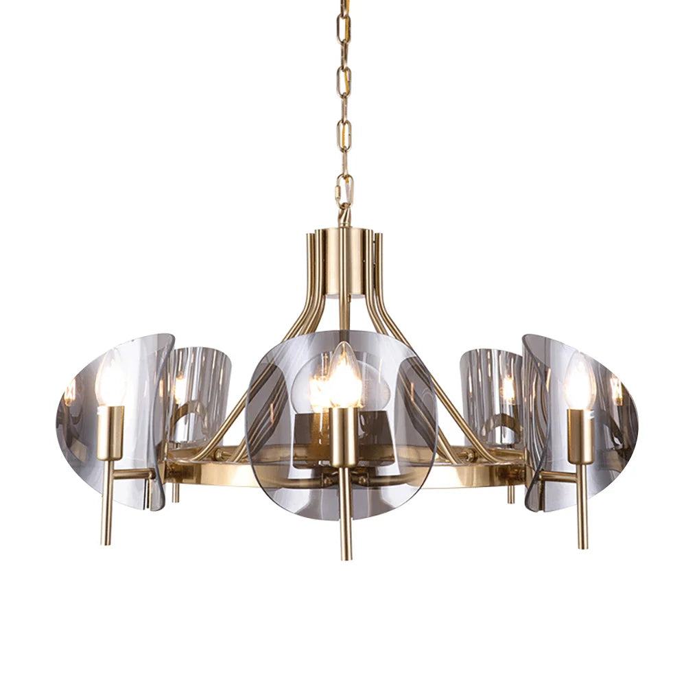 Modern Wagon Wheel 6-Light Chandelier Glass and Steel Frame - 