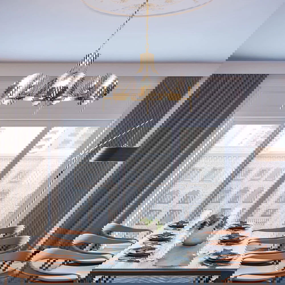 Modern Wagon Wheel 6-Light Chandelier Glass and Steel Frame - 