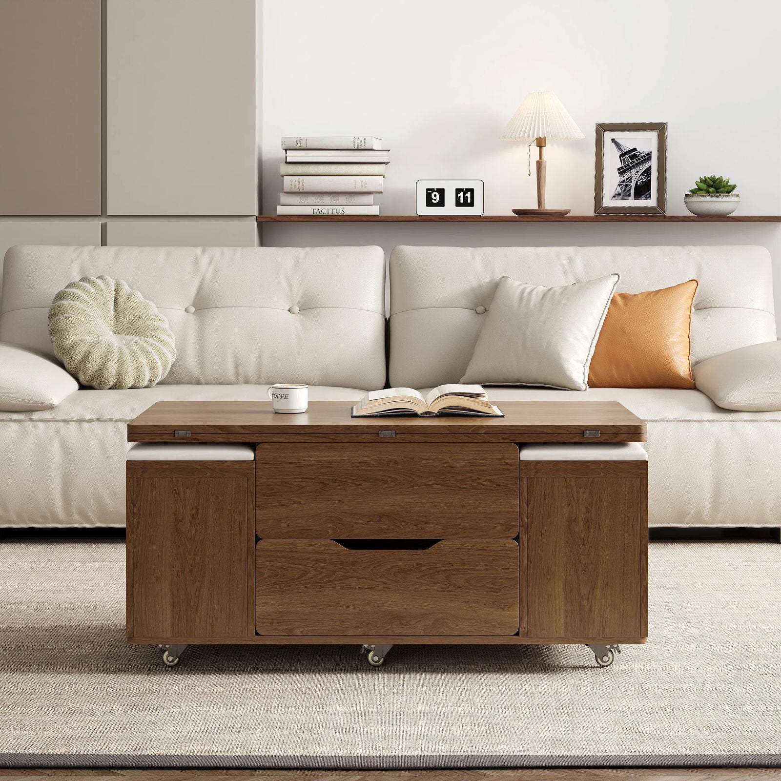 Modern Walnut Lift Top Coffee Table 4 in 1 with Storage Ottoman Foldable and Casters - Approved By Design
