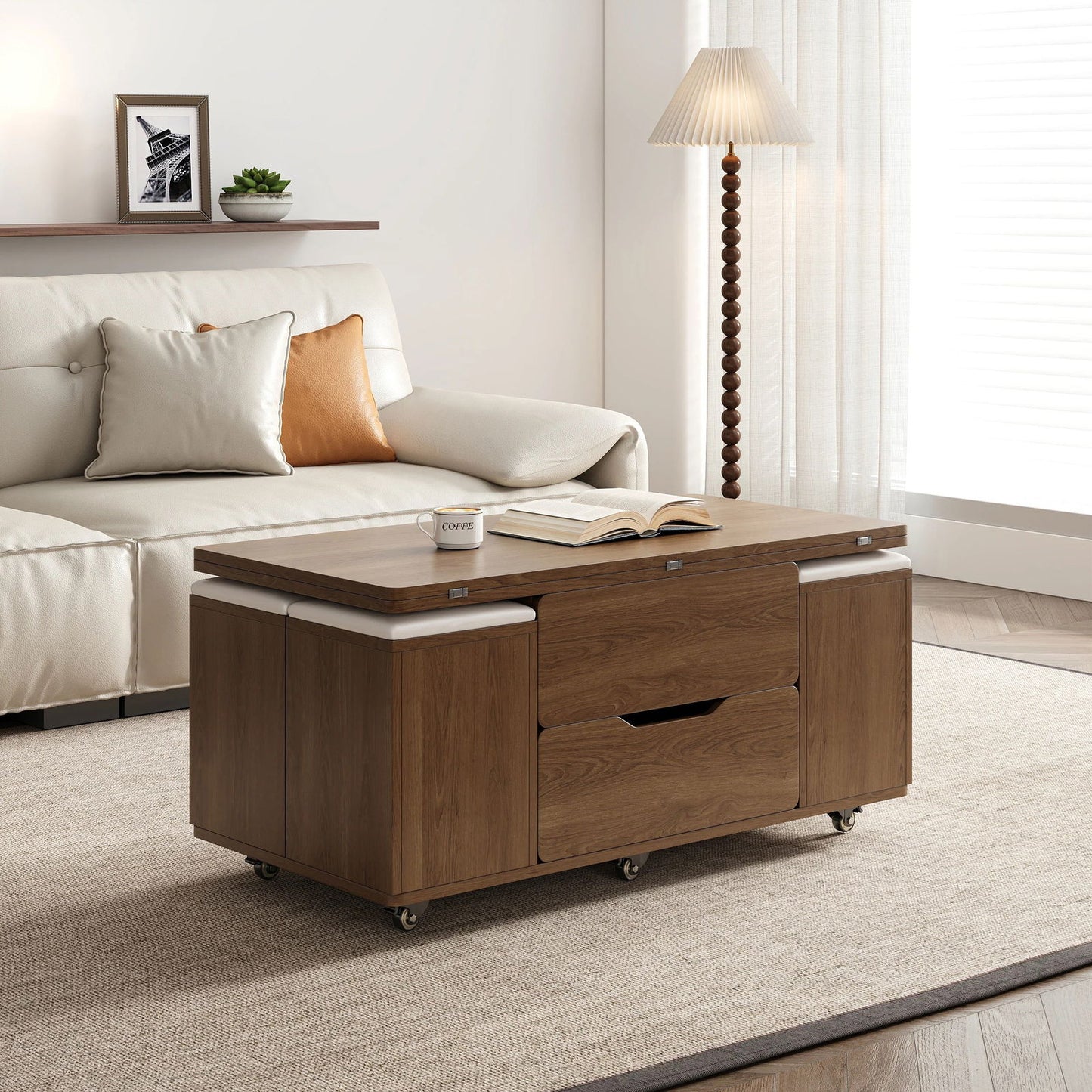 Modern Walnut Lift Top Coffee Table 4 in 1 with Storage Ottoman Foldable and Casters - Approved By Design