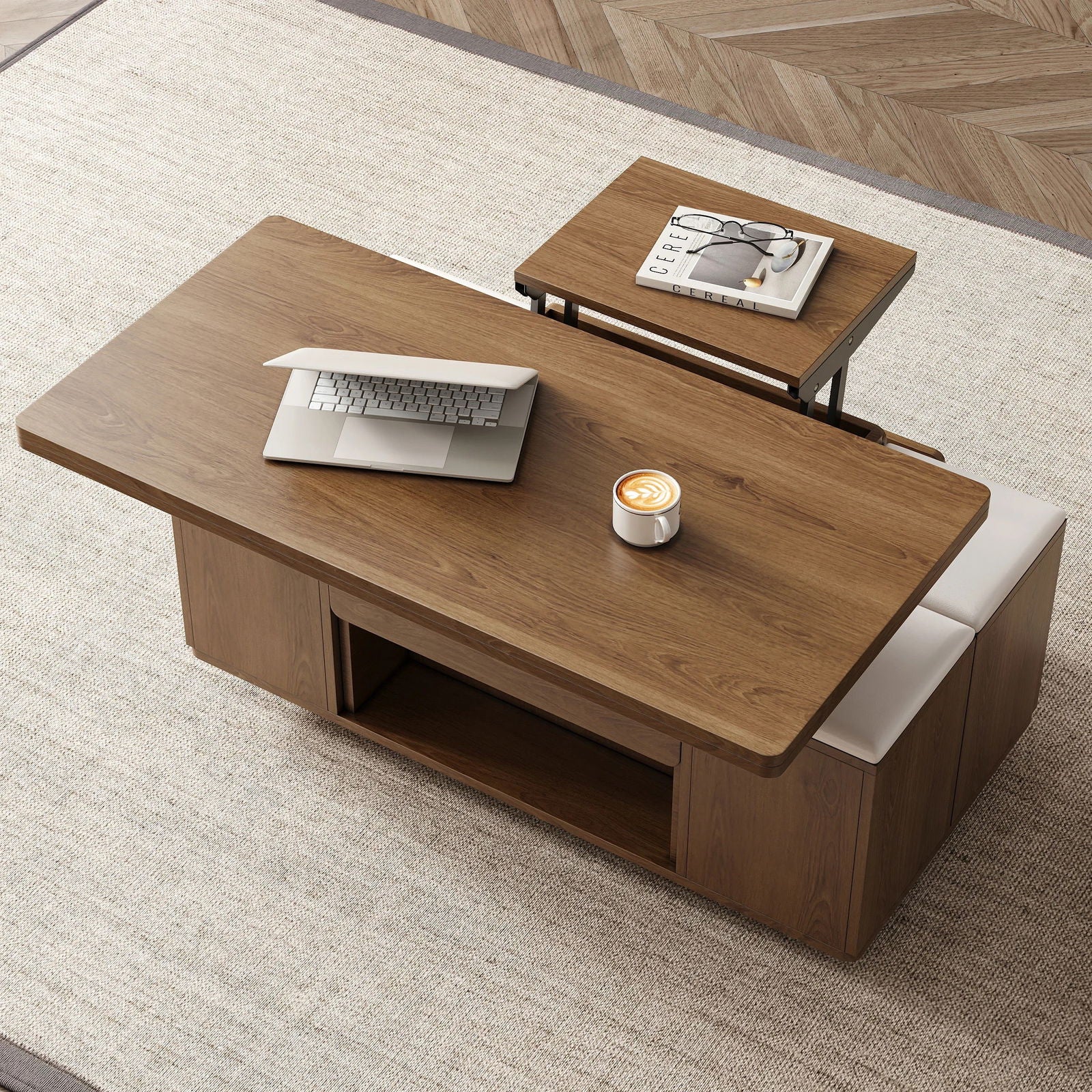 Modern Walnut Lift Top Coffee Table 4 in 1 with Storage Ottoman Foldable and Casters - Approved By Design
