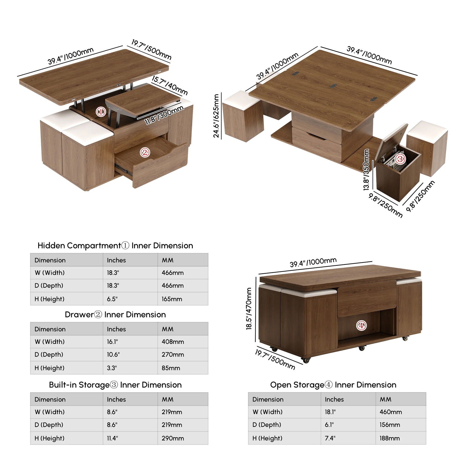 Modern Walnut Lift Top Coffee Table 4 in 1 with Storage Ottoman Foldable and Casters - Approved By Design