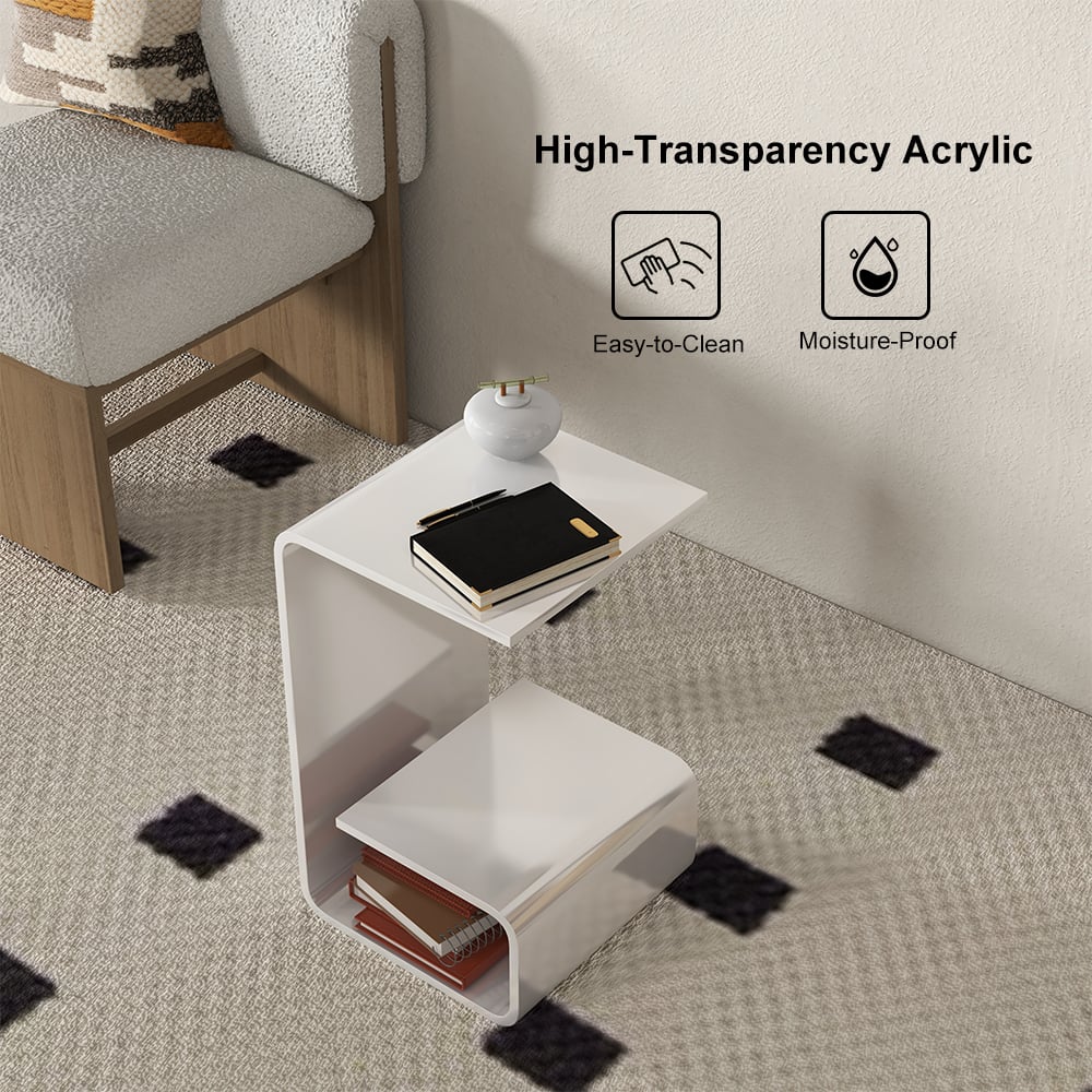 Modern White Acrylic End Table with Storage C-Shaped Side Table - 