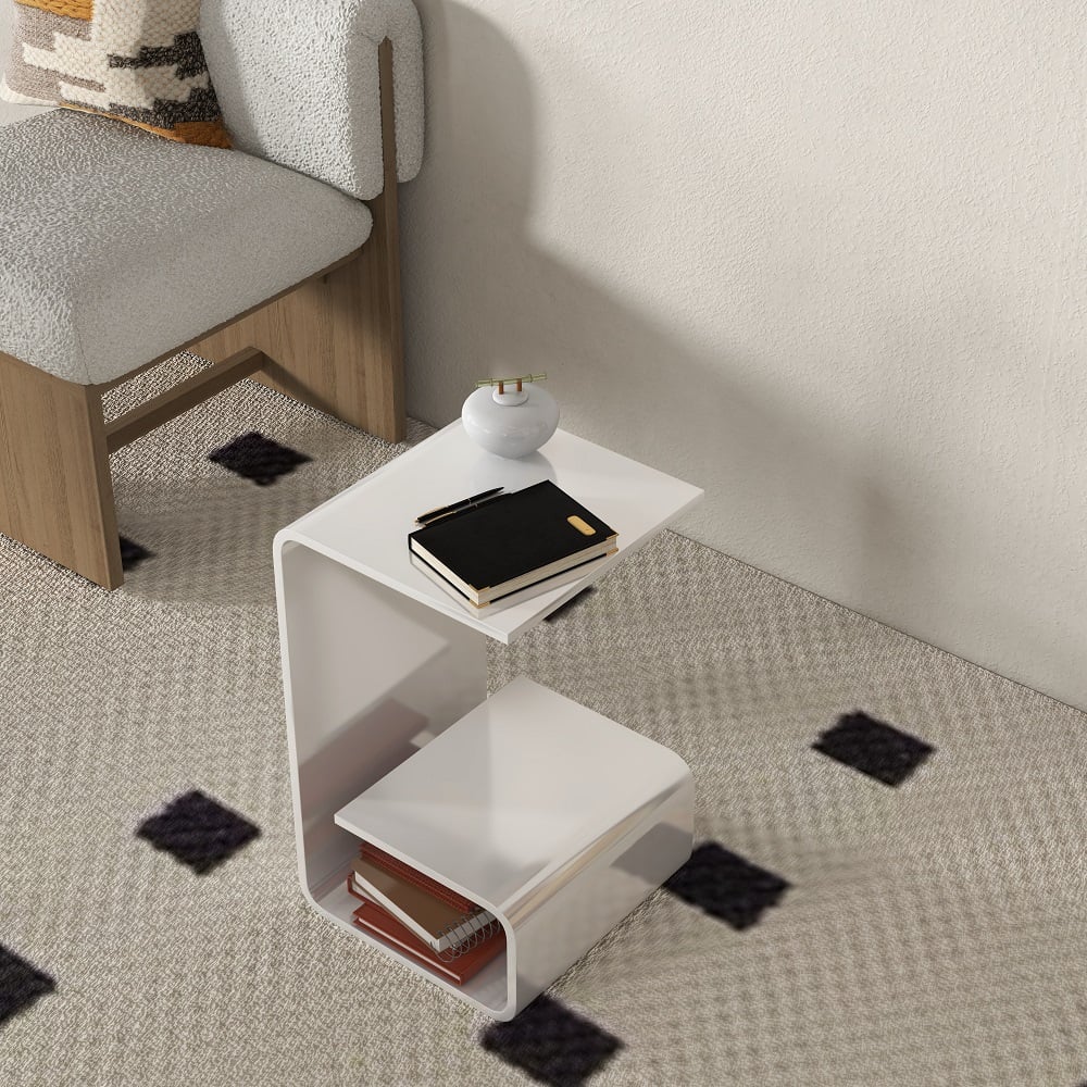 Modern White Acrylic End Table with Storage C-Shaped Side Table - 