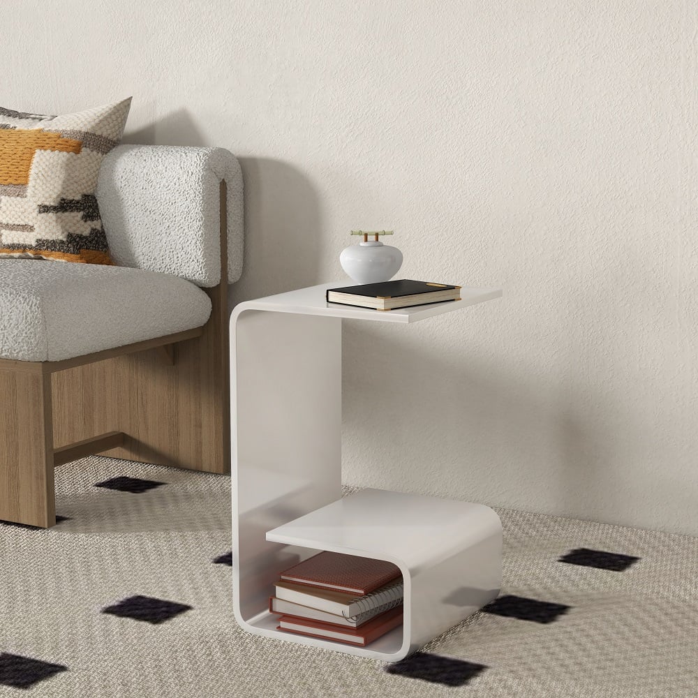 Modern White Acrylic End Table with Storage C-Shaped Side Table - 