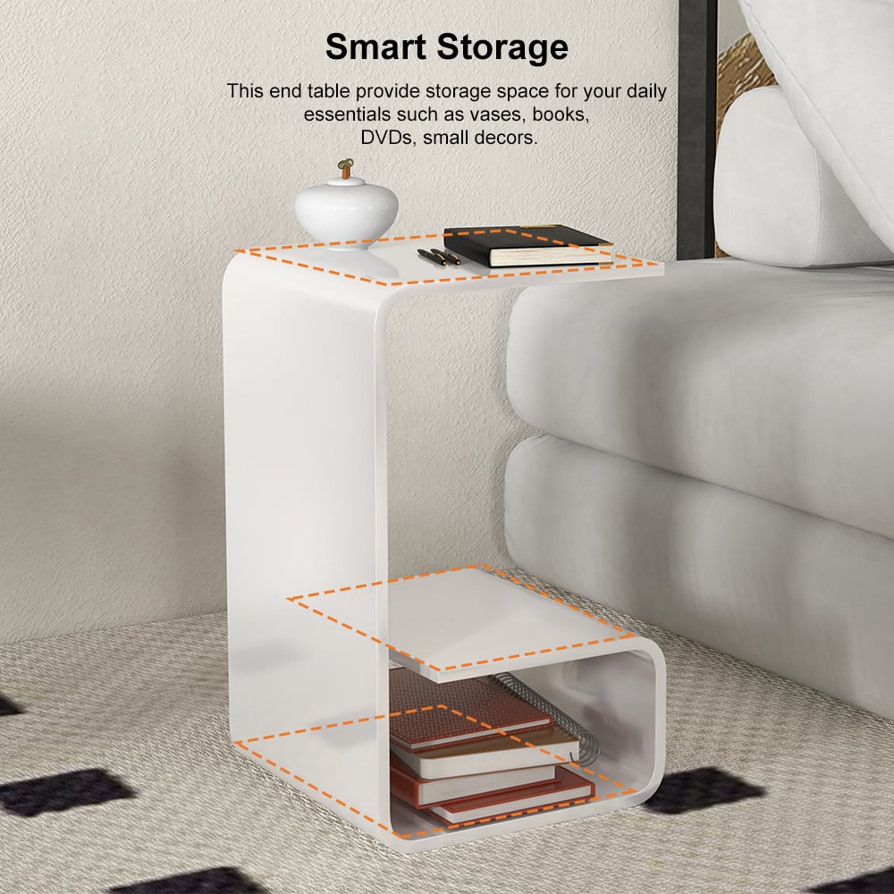 Modern White Acrylic End Table with Storage C-Shaped Side Table - 