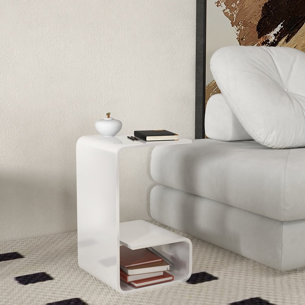 Modern White Acrylic End Table with Storage C-Shaped Side Table - 