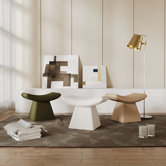 Modern White Boucle Stool Upholstered Ottoman Unique Design Footstool for Living Room - 