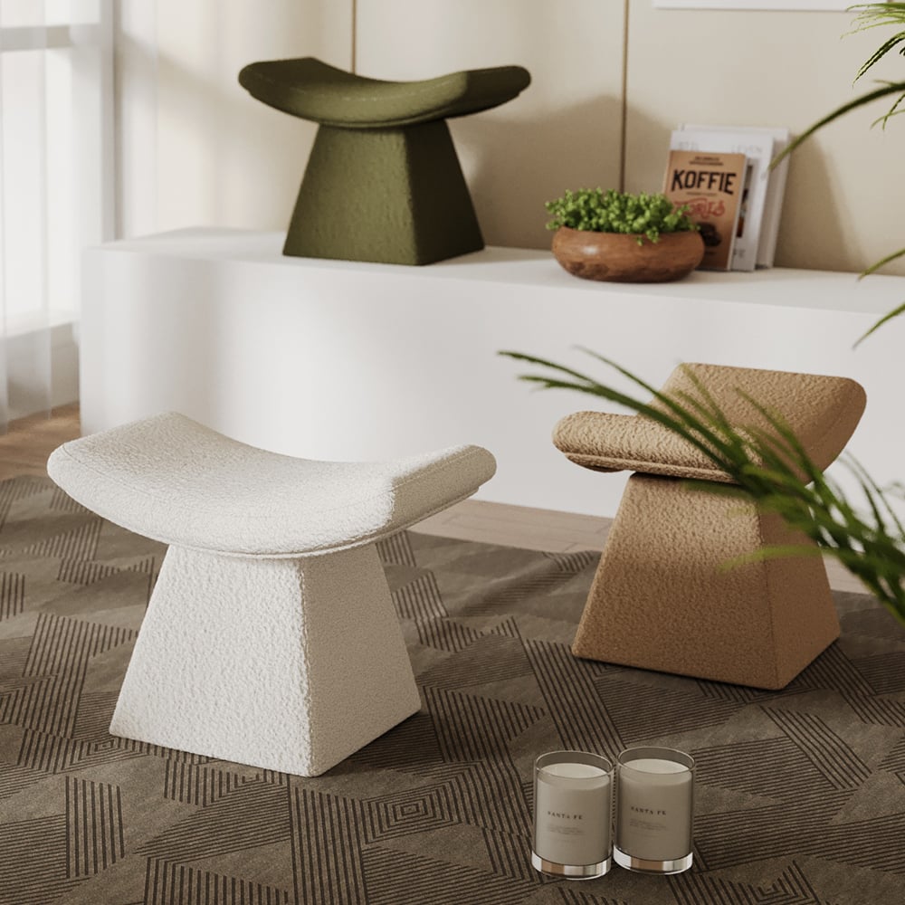 Modern White Boucle Stool Upholstered Ottoman Unique Design Footstool for Living Room - 