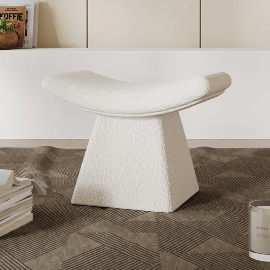 Modern White Boucle Stool Upholstered Ottoman Unique Design Footstool for Living Room - Homary