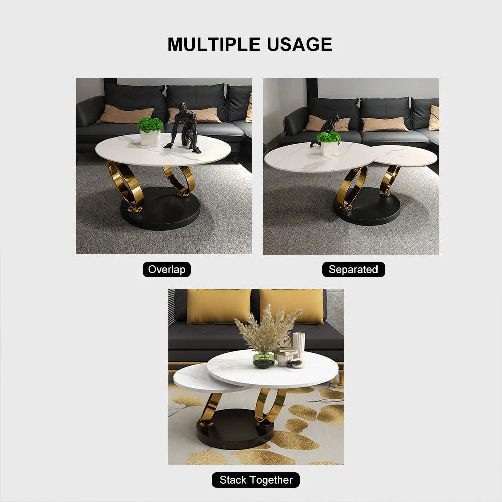 Modern White Extendable Coffee Table with Ring-shaped Metal Pedestal - 