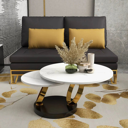 Modern White Extendable Coffee Table with Ring-shaped Metal Pedestal - 