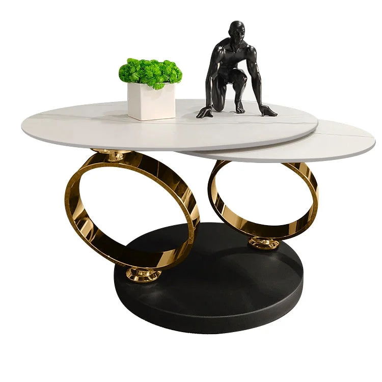 Modern White Extendable Coffee Table with Ring-shaped Metal Pedestal - 