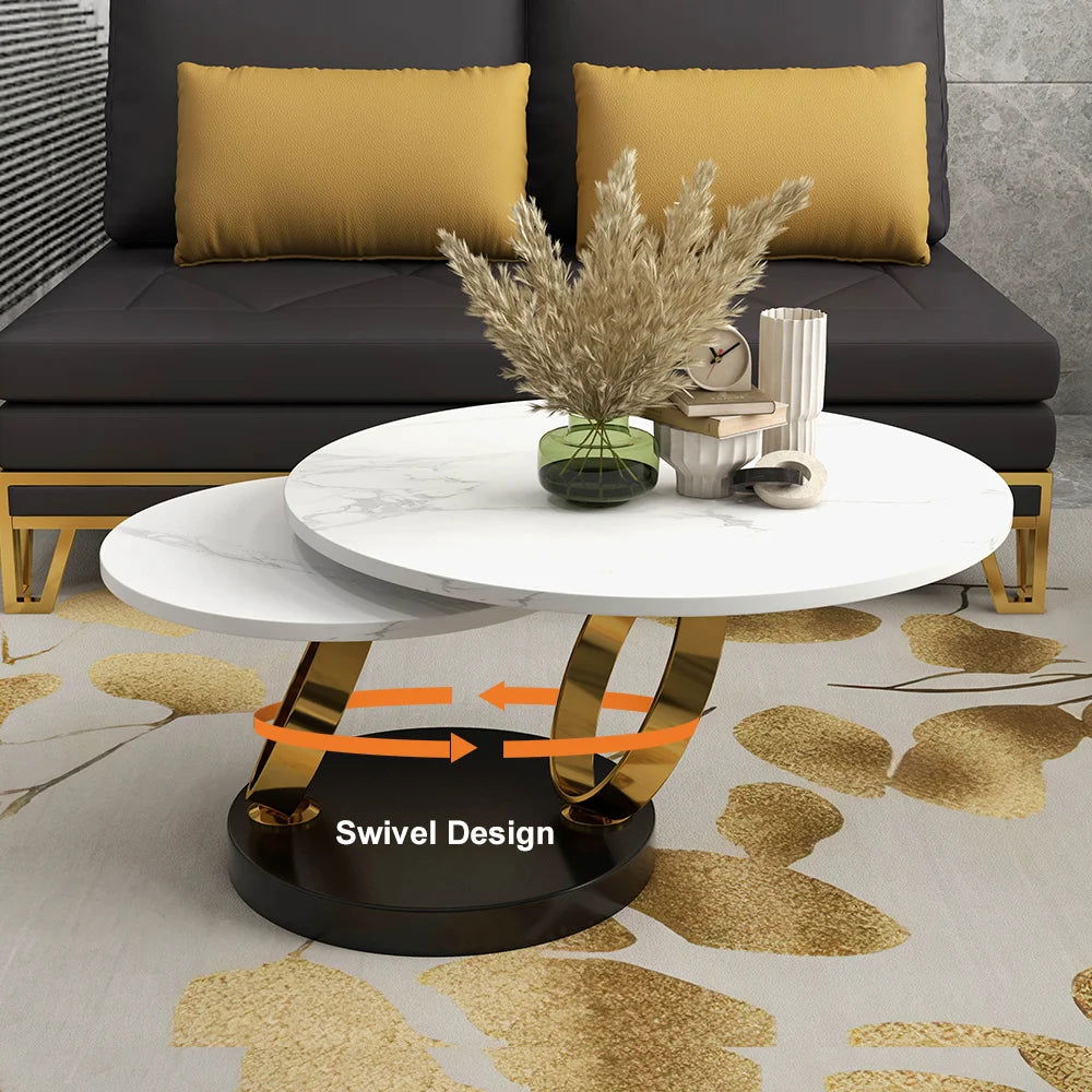 Modern White Extendable Coffee Table with Ring-shaped Metal Pedestal - 