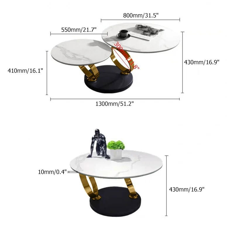 Modern White Extendable Coffee Table with Ring-shaped Metal Pedestal - 