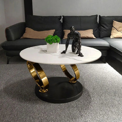 Modern White Extendable Coffee Table with Ring-shaped Metal Pedestal - Homary