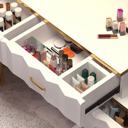 Modern White Extendable Makeup Vanity 5 Drawers Dressing Table Set with Stool and Mirror - 