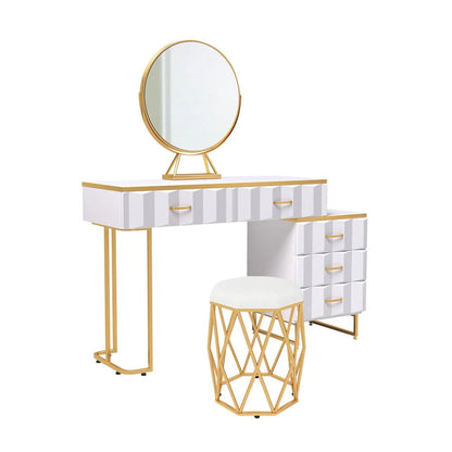 Modern White Extendable Makeup Vanity 5 Drawers Dressing Table Set with Stool and Mirror - 