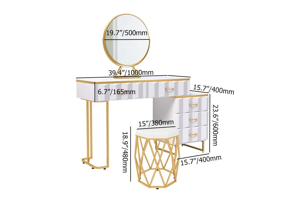 Modern White Extendable Makeup Vanity 5 Drawers Dressing Table Set with Stool and Mirror - 