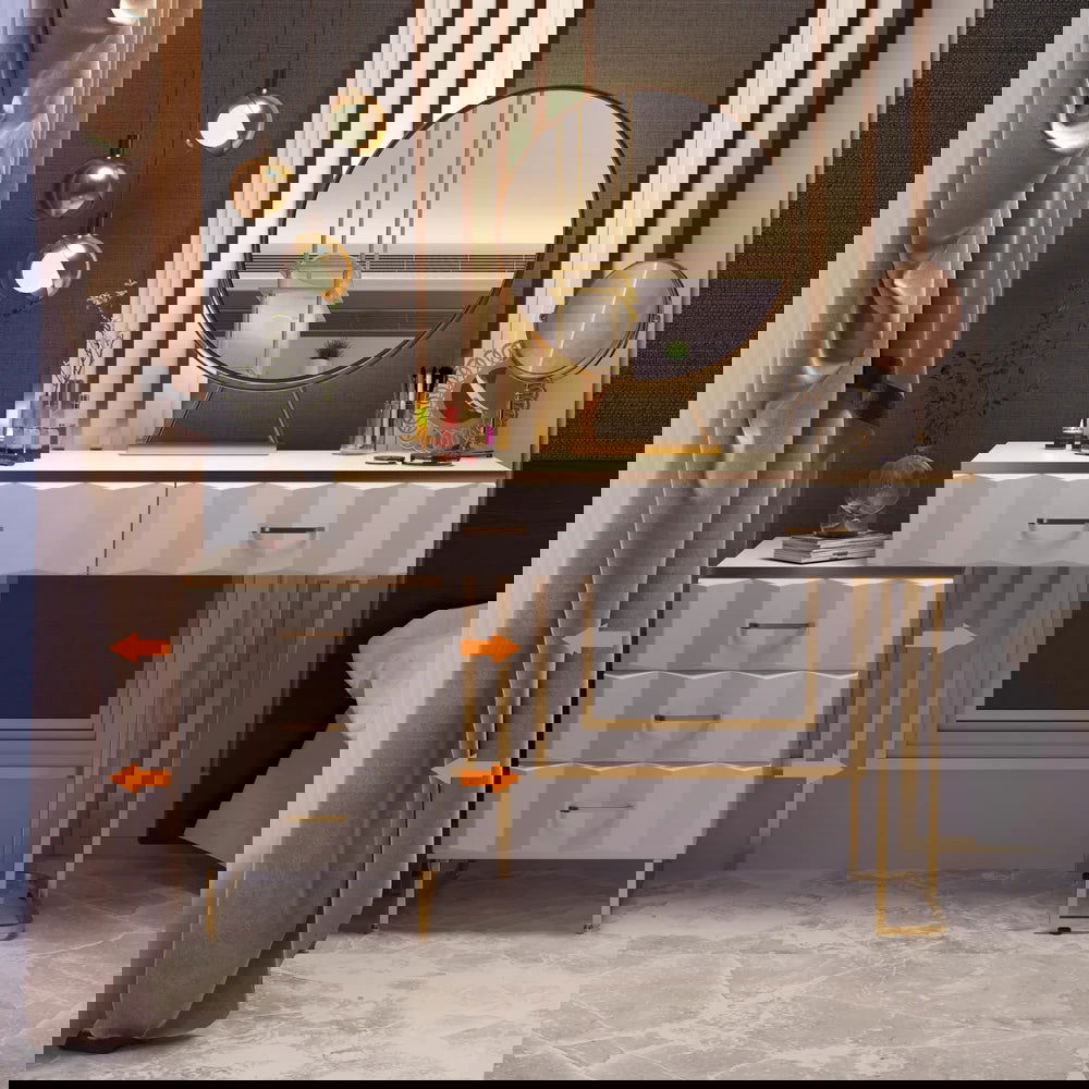 Modern White Extendable Makeup Vanity 5 Drawers Dressing Table Set with Stool and Mirror - 