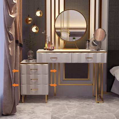 Modern White Extendable Makeup Vanity 5 Drawers Dressing Table Set with Stool and Mirror - 