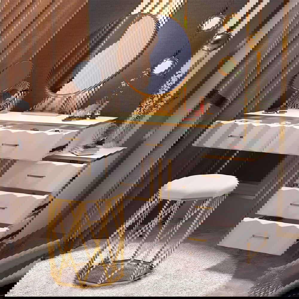 Modern White Extendable Makeup Vanity 5 Drawers Dressing Table Set with Stool and Mirror - 